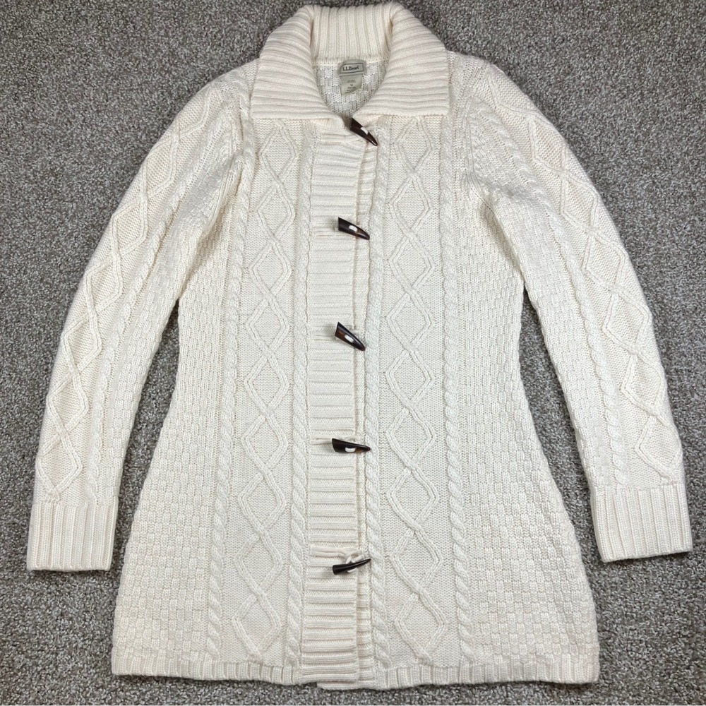 LL Bean Womens Cream Wool Blend Cable Knit Toggle Long Cardigan Sweater Medium